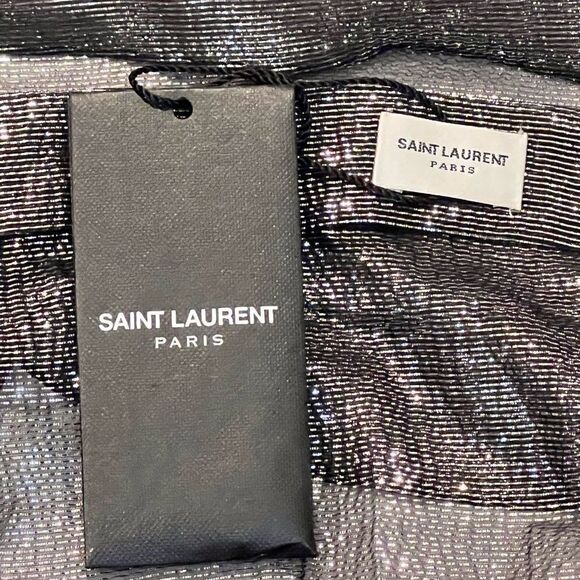 SAINT Laurent YSL Bow Neck Tie Metallic Silk Silver Collared Blouse Top Size 6 - Picture 13 of 14
